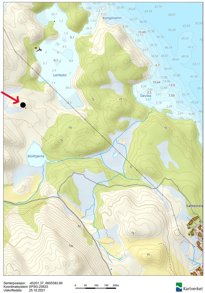 Den raude pila peikar på staden der hytta kjem. - Klikk for stort bilete