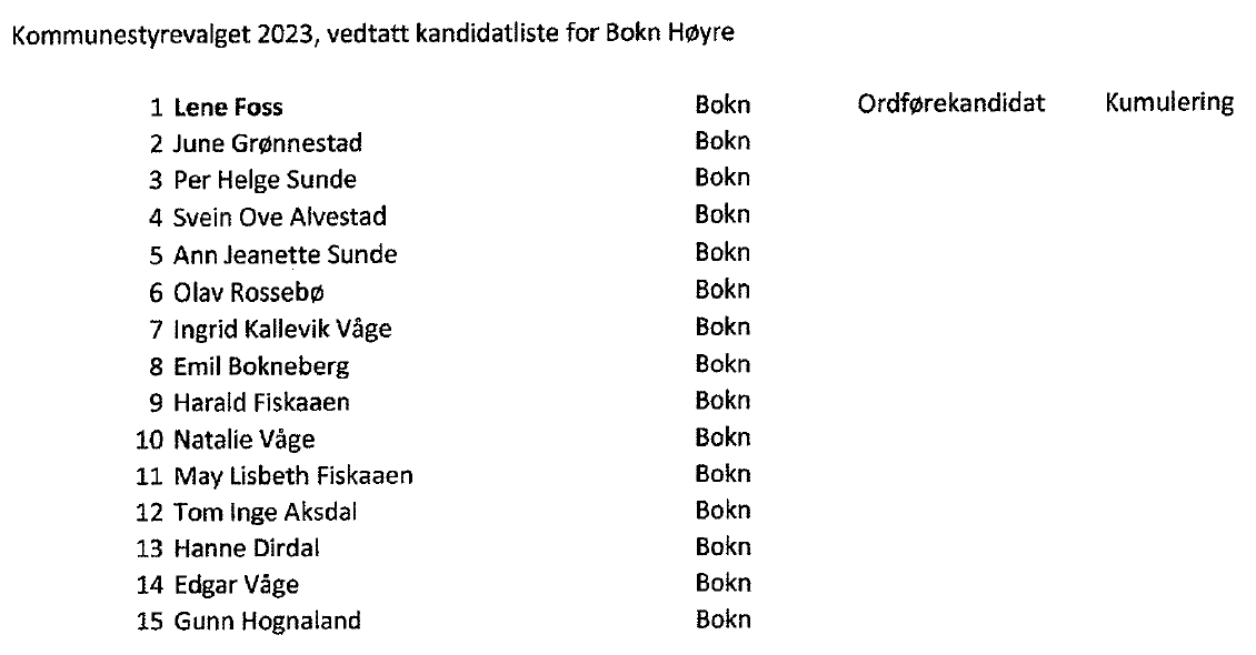 Bildet viser Bokn Høyre sitt listeforslag, 2023. - Klikk for stort bilete